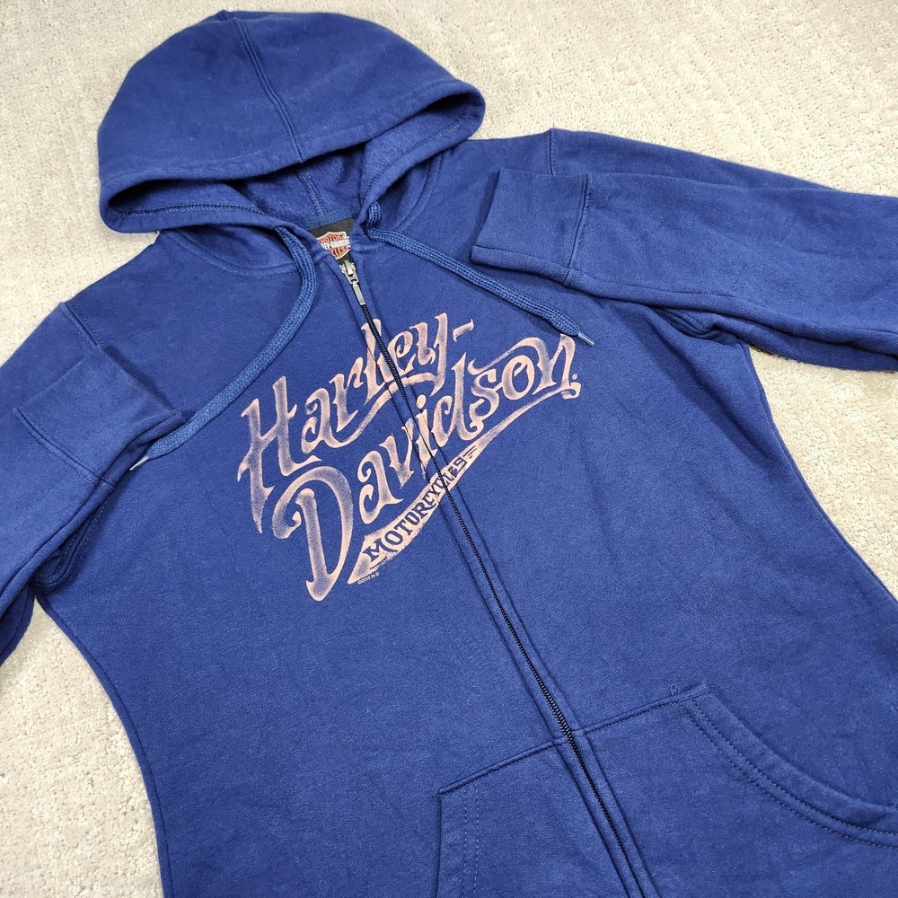 Harley Davidson Hoodie Women Medium Blue Full Zip Y2K Biker Motorcycle Grunge